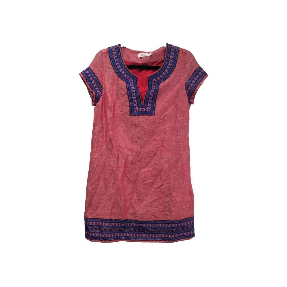 Vineyard Vines Womens Linen Blend Embroidered SS Tunic Dress Size 6 Red Preppy